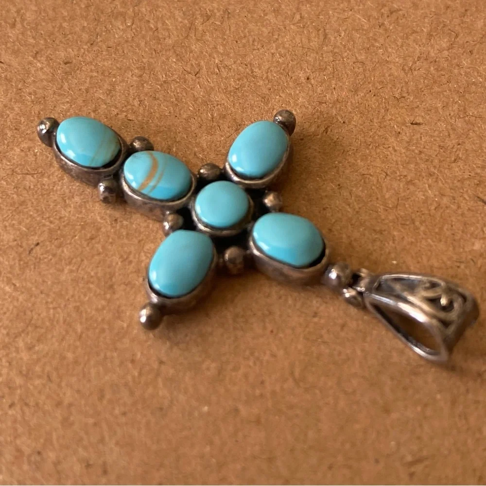 Sterling Silver Turquoise Cross Pendant Vintage Southwest Boho Artist Signed - Picture 6 of 12